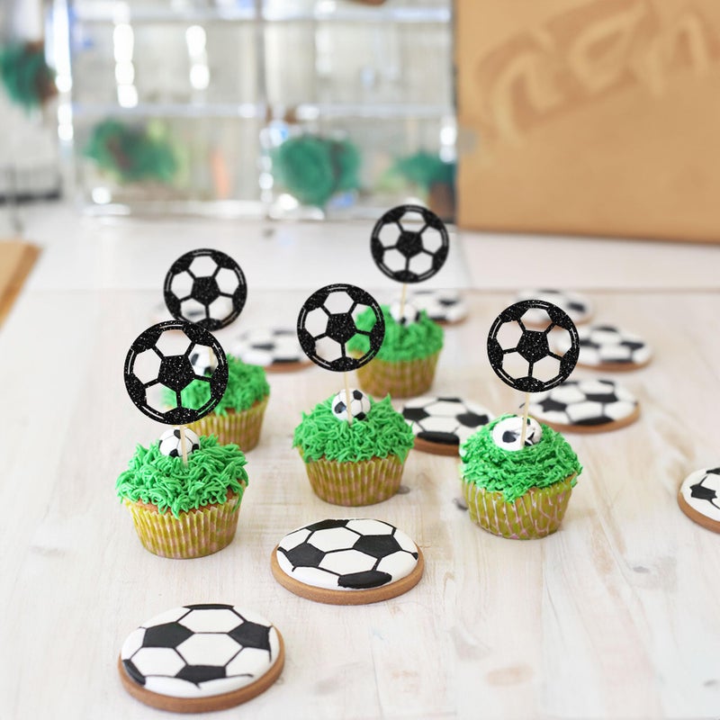 Ephlyn 24Pcs Soccer Ball Cupcake Toppers Black Glitter Sports Theme Football Cupcake Food Picks Sport Balls Baby Shower Wedding Birthday Party Cake Decorations Supplies - Image 5