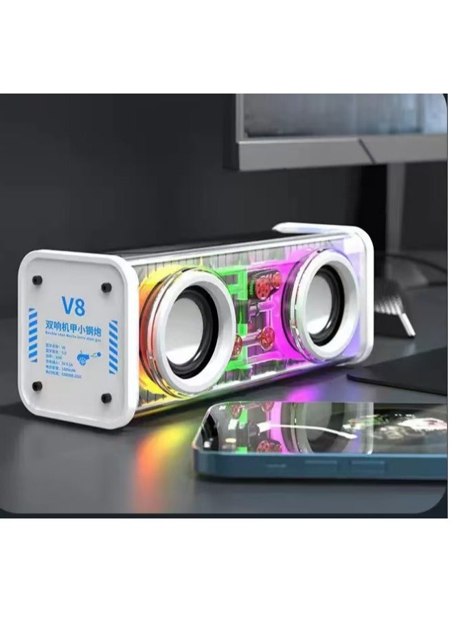 V8 Transparent Mecha Speakers Bluetooth Wireless Double Bass Diaphragm Subwoofer Music TWS RGB Light Loudspeaker  - Image 1