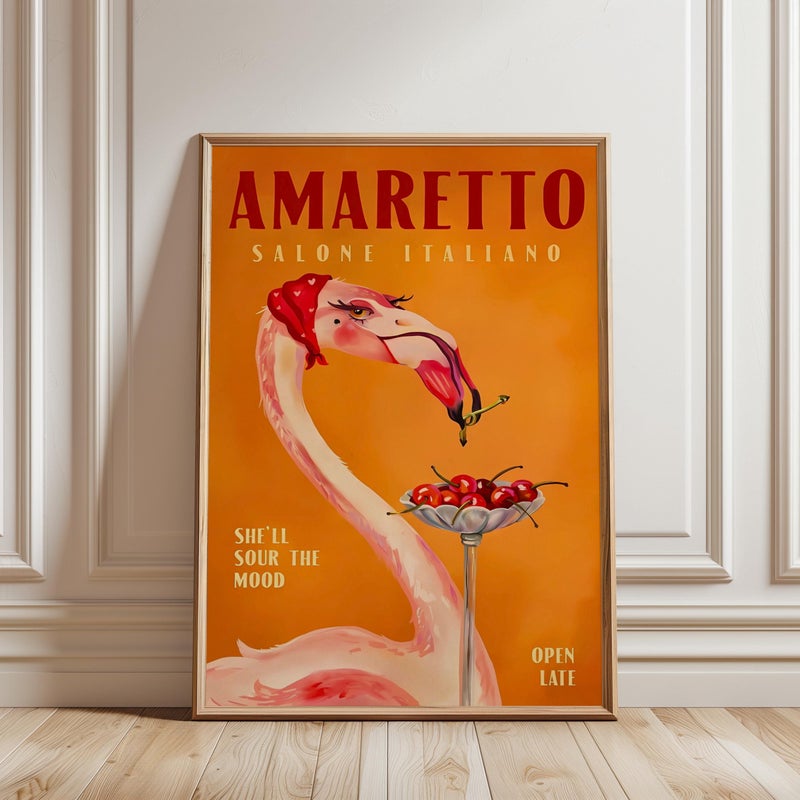 TNESSENTIAL Amaretto Flamingo Poster: Italian Aperitif Bar Art, Cherry Cocktail Illustration, Retro Lounge Print - Image 1