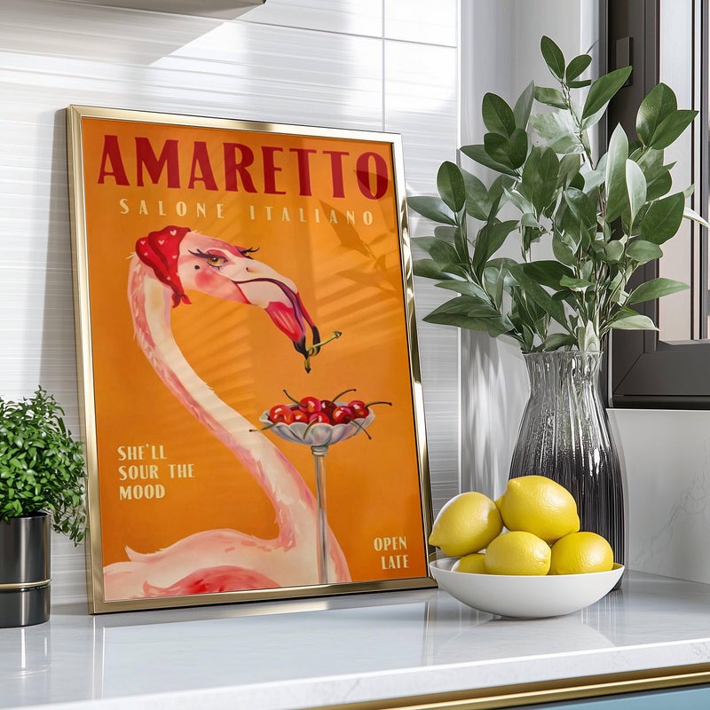 TNESSENTIAL Amaretto Flamingo Poster: Italian Aperitif Bar Art, Cherry Cocktail Illustration, Retro Lounge Print - Image 2