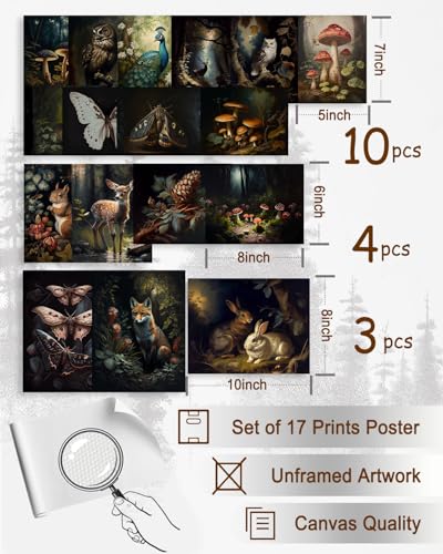 KBKBART Dark Cottagecore Room Decor Aesthetic Set of 17 Cottage Core Wall Decor Dark Academia Cottagecore Decor Woodland Forest Nature Wall Art Prints Vintage Mushroom Decor Poster Animal Pictures for Bedroom Dorm Wall Decor UNFRAMED - Image 3