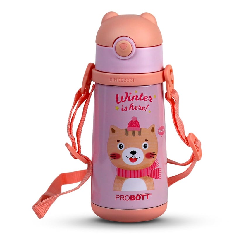 PROBOTT Probott School Champ 370ml Sipper Bottle for 3-5yrs Old Kids with Straw & Strap to Carry, Pink | Stainless Steel Hot & Cold Water Bottle | Double Walled Vacuum Flask | Perfect for Toddlers | Leakproof  - Image 1