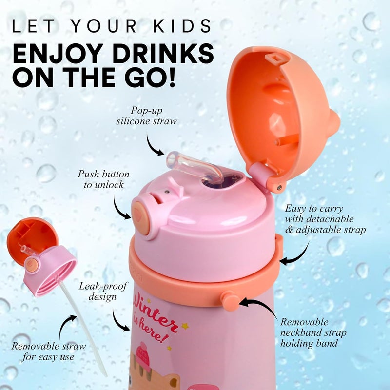PROBOTT Probott School Champ 370ml Sipper Bottle for 3-5yrs Old Kids with Straw & Strap to Carry, Pink | Stainless Steel Hot & Cold Water Bottle | Double Walled Vacuum Flask | Perfect for Toddlers | Leakproof  - Image 2