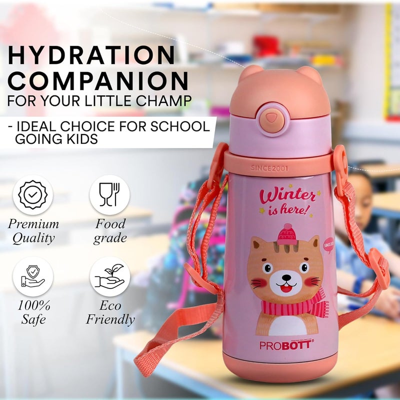 PROBOTT Probott School Champ 370ml Sipper Bottle for 3-5yrs Old Kids with Straw & Strap to Carry, Pink | Stainless Steel Hot & Cold Water Bottle | Double Walled Vacuum Flask | Perfect for Toddlers | Leakproof  - Image 5