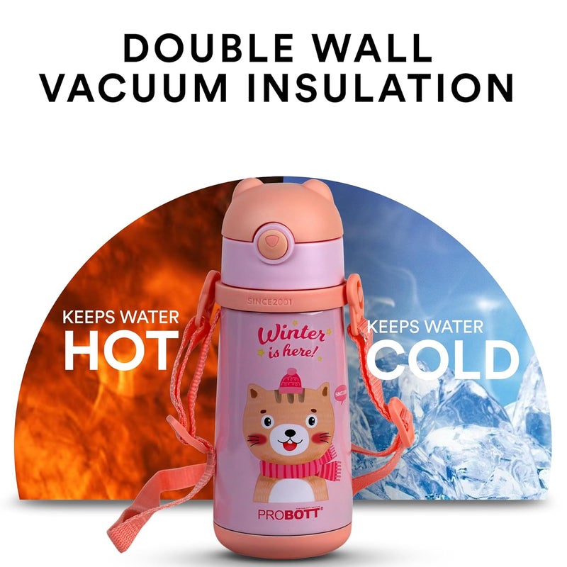 PROBOTT Probott School Champ 370ml Sipper Bottle for 3-5yrs Old Kids with Straw & Strap to Carry, Pink | Stainless Steel Hot & Cold Water Bottle | Double Walled Vacuum Flask | Perfect for Toddlers | Leakproof  - Image 4