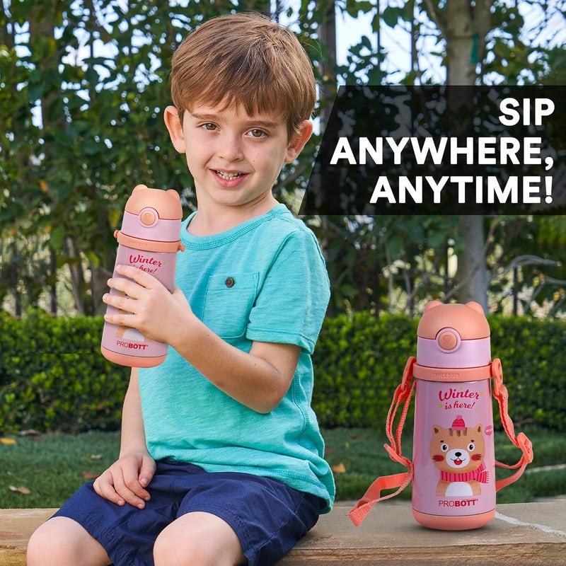 PROBOTT Probott School Champ 370ml Sipper Bottle for 3-5yrs Old Kids with Straw & Strap to Carry, Pink | Stainless Steel Hot & Cold Water Bottle | Double Walled Vacuum Flask | Perfect for Toddlers | Leakproof  - Image 3