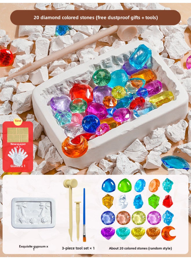 Dinosaur Fossil Archaeological Digging Toys Gypsum Gem Digging Luminous Mining Treasure Hunting Blind Box Set Wholesale-Color:Colorful Diamond Gem (Newspaper + Gloves + Tools)  - Image 1