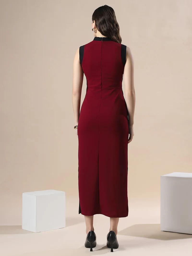 globus Globus Women Maroon Colorblock High Neck Sleeveless Maxi Workwear Bodycon Dress