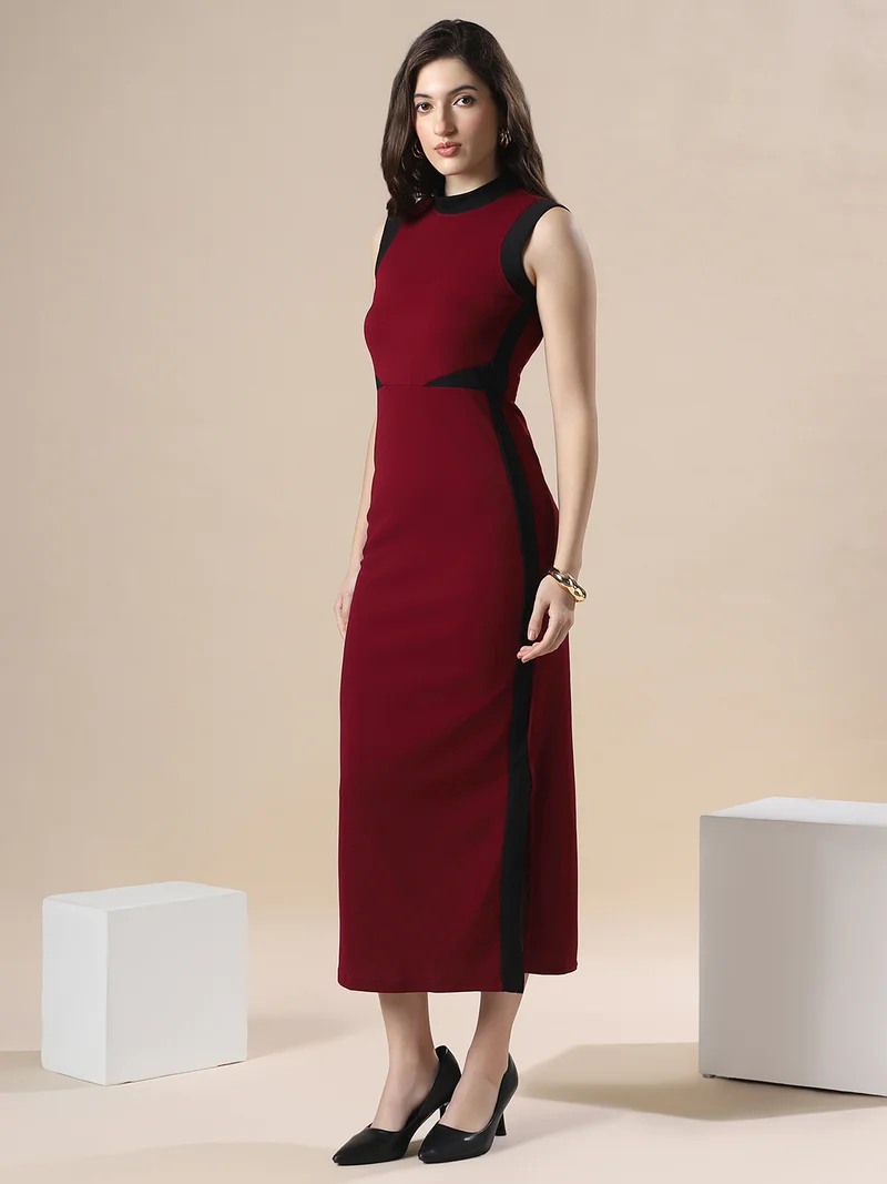 globus Globus Women Maroon Colorblock High Neck Sleeveless Maxi Workwear Bodycon Dress