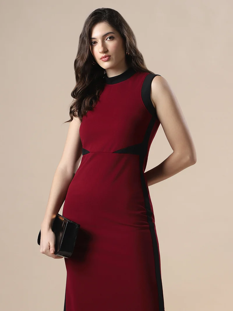 globus Globus Women Maroon Colorblock High Neck Sleeveless Maxi Workwear Bodycon Dress