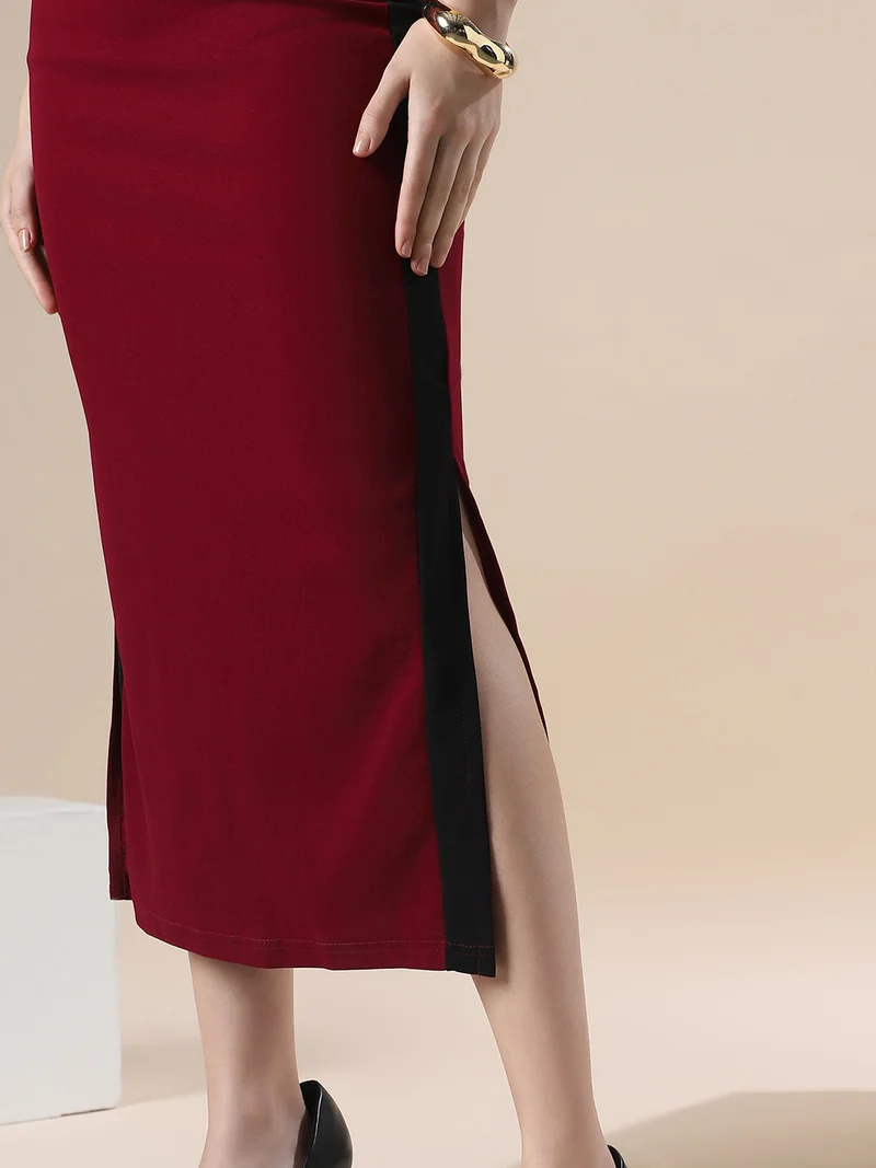 globus Globus Women Maroon Colorblock High Neck Sleeveless Maxi Workwear Bodycon Dress