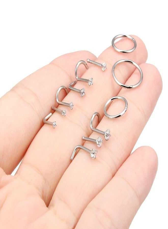 Hoeudjo Nose Rings Surgical Steel Cubic Zirconia Nose Studs Kit for Women Men Tiny Nose Stud Screw & Bone & L Shaped Nostril Rings Piercing Jewelry 18 Gauge 12 Pieces - Image 4