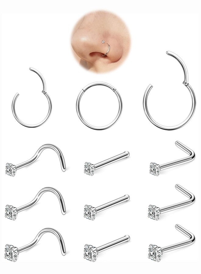 Hoeudjo Nose Rings Surgical Steel Cubic Zirconia Nose Studs Kit for Women Men Tiny Nose Stud Screw & Bone & L Shaped Nostril Rings Piercing Jewelry 18 Gauge 12 Pieces - Image 1