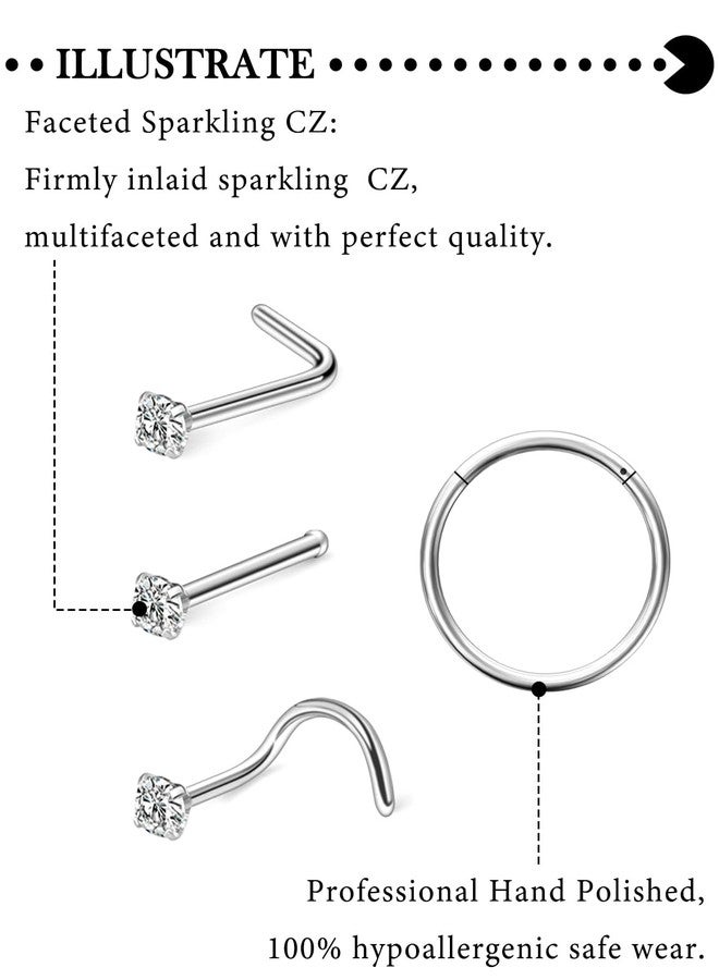 Hoeudjo Nose Rings Surgical Steel Cubic Zirconia Nose Studs Kit for Women Men Tiny Nose Stud Screw & Bone & L Shaped Nostril Rings Piercing Jewelry 18 Gauge 12 Pieces - Image 3