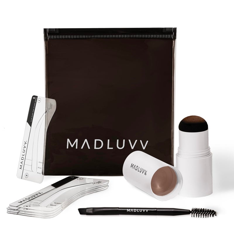 MADLUVV Brow Stamp Kit with Brow Stencils â€“ Easy Eyebrow Shaper for Natural-Looking Brows â€“ Popular Eyebrow Stencil Kit Used by Professionals â€“ 9 Shapes, Spoolie, Travel Bag & Stamp (Auburn) - Image 1