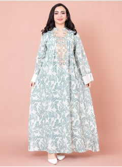 اكسا جلابية نقوش اوراق شجر مطرزة IN1031 ابيض  - Image 1