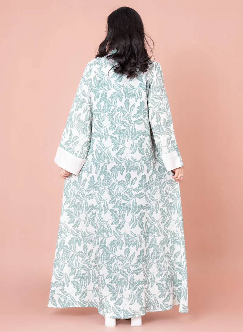 IKKXA Embroidered Leaf Print Jalabiya IN1031 White