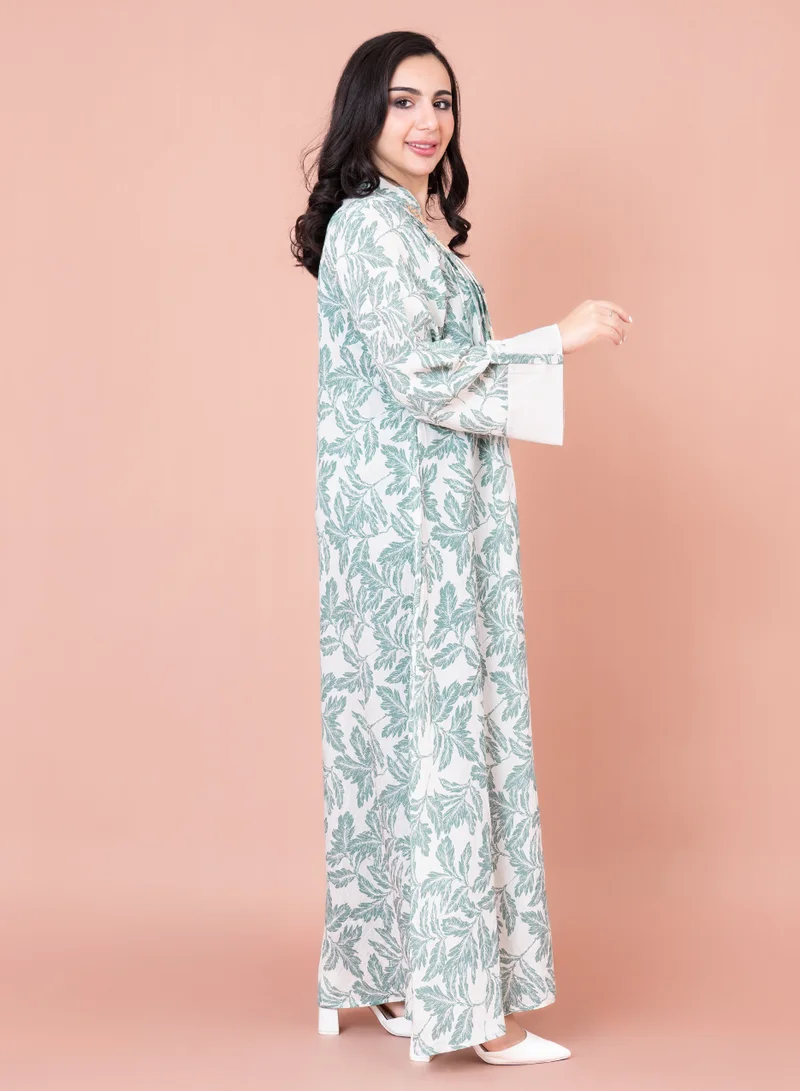 IKKXA Embroidered Leaf Print Jalabiya IN1031 White