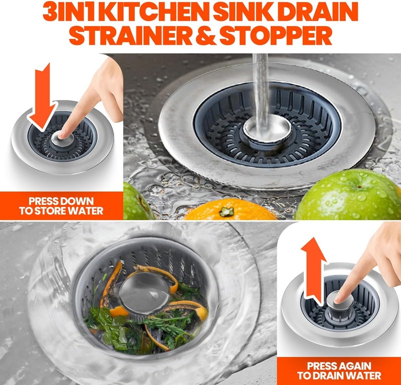 Nipoko Sink Drain Strainer - Sink Stopper, 3-in-1 Kitchen Stainless Steel Drain Plug with Anti-Clog Basket, Pop-Up Cover Fits Standard 3-1/2” Openings for Double Bowl Kitchen Sinks - Image 5