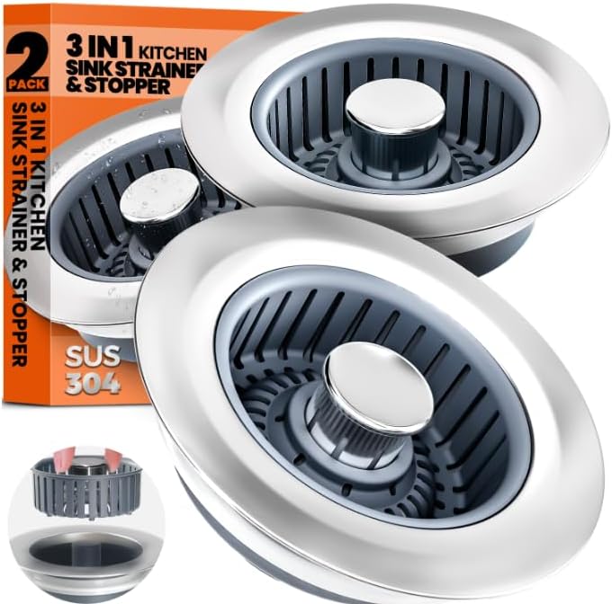 Nipoko Sink Drain Strainer - Sink Stopper, 3-in-1 Kitchen Stainless Steel Drain Plug with Anti-Clog Basket, Pop-Up Cover Fits Standard 3-1/2” Openings for Double Bowl Kitchen Sinks - Image 1