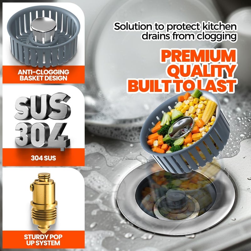 Nipoko Sink Drain Strainer - Sink Stopper, 3-in-1 Kitchen Stainless Steel Drain Plug with Anti-Clog Basket, Pop-Up Cover Fits Standard 3-1/2” Openings for Double Bowl Kitchen Sinks - Image 3