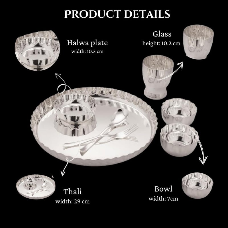 Silver Glow طقم صينية فضية من الفولاذ المقاوم للصدأ مجموعة من 6 قطع طقم عشاء فضي مطلي طقم أدوات مائدة فاخرة طقم عشاء ديوالي هدية زفاف عودة طقم عشاء فندقي من الفولاذ طقم عشاء فضي نقي أصلي - Image 4