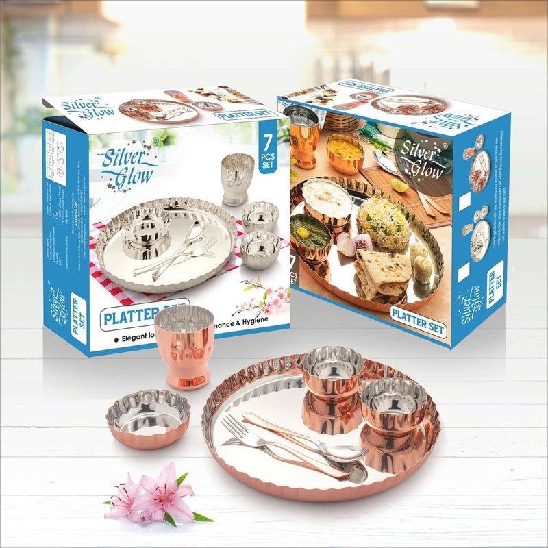 Silver Glow طقم صينية فضية من الفولاذ المقاوم للصدأ مجموعة من 6 قطع طقم عشاء فضي مطلي طقم أدوات مائدة فاخرة طقم عشاء ديوالي هدية زفاف عودة طقم عشاء فندقي من الفولاذ طقم عشاء فضي نقي أصلي - Image 5