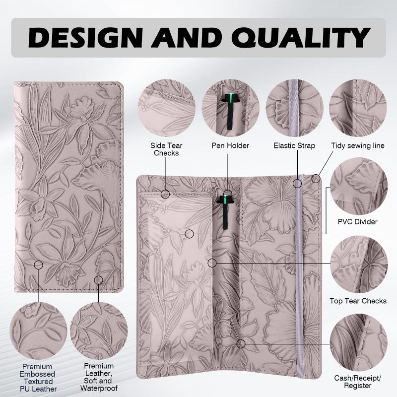 Pisypox Checkbook Cover for Personal Checkbookï¼ŒSoft PU leather with a detailed embossed flower patternï¼Œwith Pen Holder & Built-in Clear Plastic Divider for Duplicate Checks - Image 3