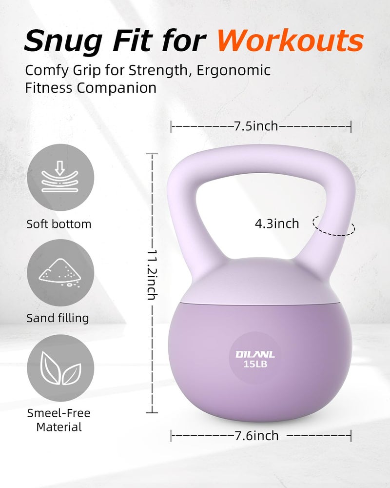 DILANL Soft Kettlebell, Safe Strength Training Kettle bell, Cushioned Impact-Resistant Base and Anti-Slip Grip Weight, Kettlebells Set for Home Workouts and Men/Women/ Beginners,With Non-slip Gloves (Purple, 15 LB) - Image 5