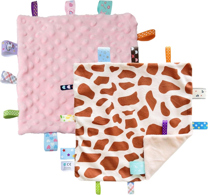 CREVENT Tag Security Blankets for Babies, Soft Small Loveys for Boys, Baby Comforter Sensory Blanket, Great Gifts for Birthday Baby Shower (10"X10" GiraffeDot+Pink) - Image 1