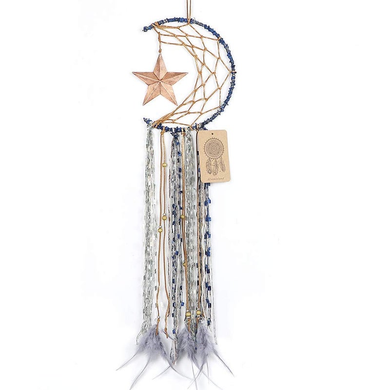 Dremisland Blue Dream Catcher Handmade Half Circle Moon Design Dream Catcher Feather Hanging with Star Home Decoration Ornament Festival Gift (Moon& Star) - Image 1