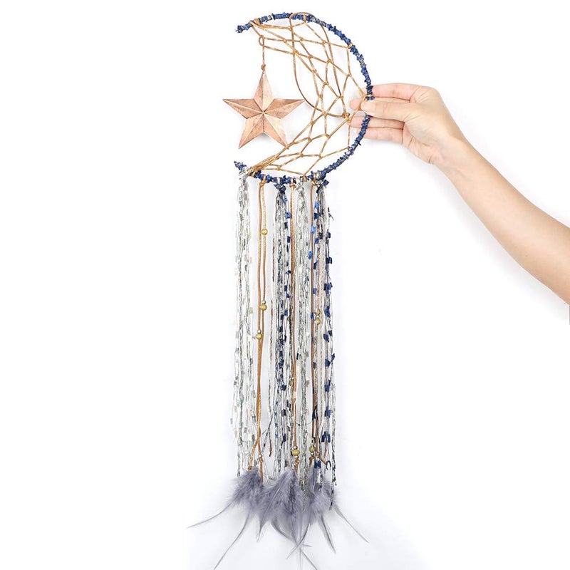 Dremisland Blue Dream Catcher Handmade Half Circle Moon Design Dream Catcher Feather Hanging with Star Home Decoration Ornament Festival Gift (Moon& Star) - Image 4