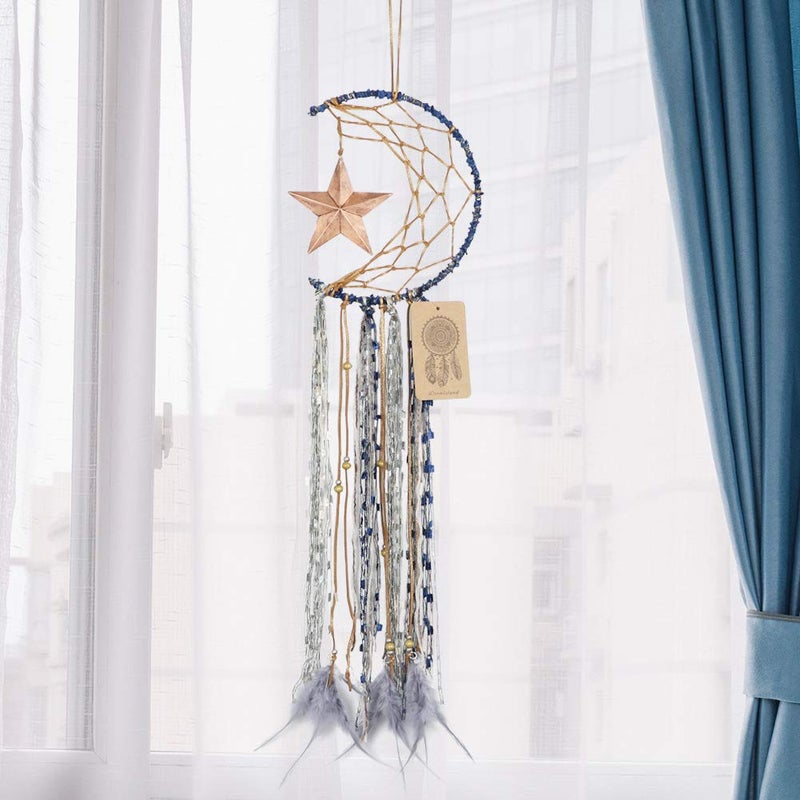 Dremisland Blue Dream Catcher Handmade Half Circle Moon Design Dream Catcher Feather Hanging with Star Home Decoration Ornament Festival Gift (Moon& Star) - Image 5