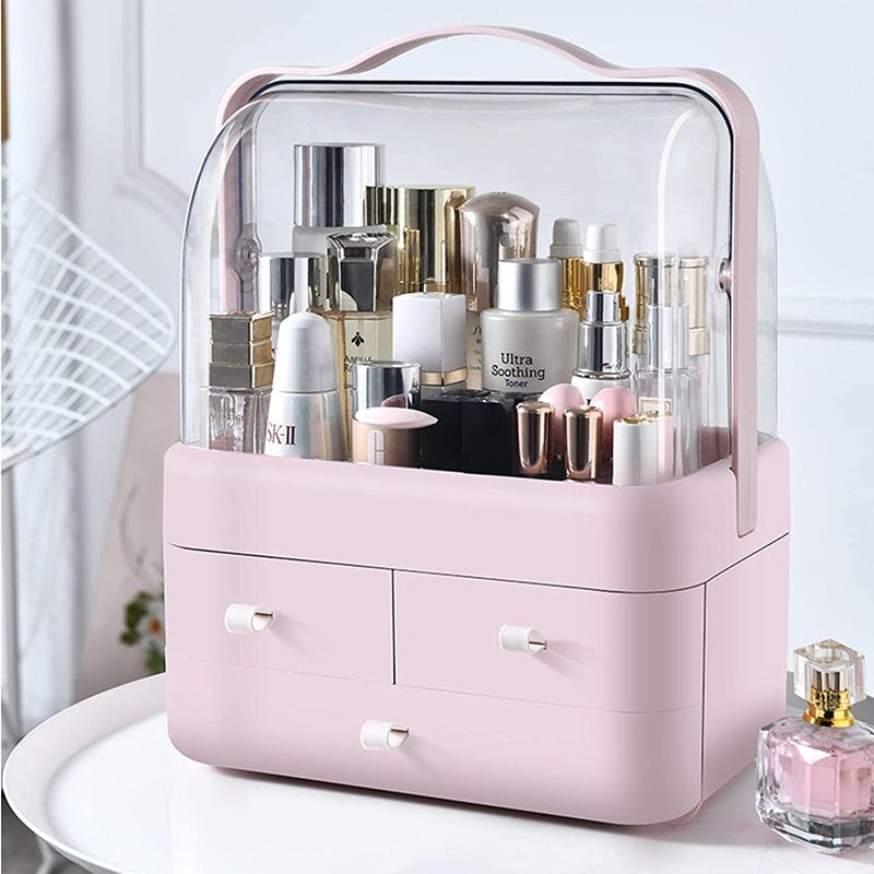 Mammoth Makeup Organizer Cosmetic Display with Drawers High Transparent Acrylic Cover Fully Open Waterproof Dust-Proof Portable Handle Jewelry, Bathroom Dresser Bedroom Counter top (Pink) - Image 1