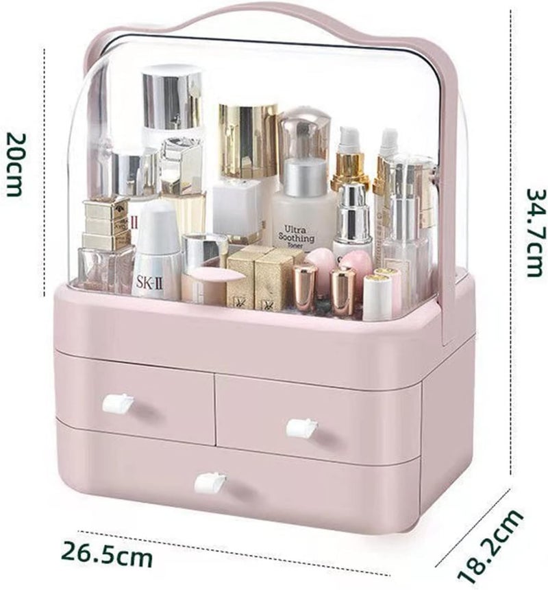Mammoth Makeup Organizer Cosmetic Display with Drawers High Transparent Acrylic Cover Fully Open Waterproof Dust-Proof Portable Handle Jewelry, Bathroom Dresser Bedroom Counter top (Pink) - Image 2