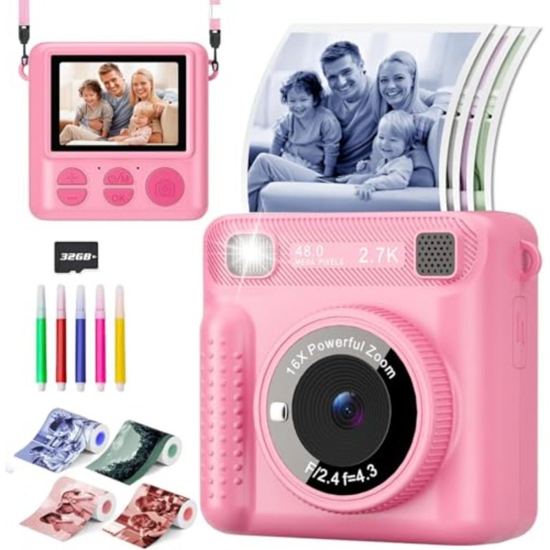 Instant Print Camera for,Camera for Girls and Boys, Digital Camera Toy for Toddlers 1080P HD Selfie with 4 Color Photos, Sticker Pack and 32GB Card, Birthday Gift for Girls - Image 1