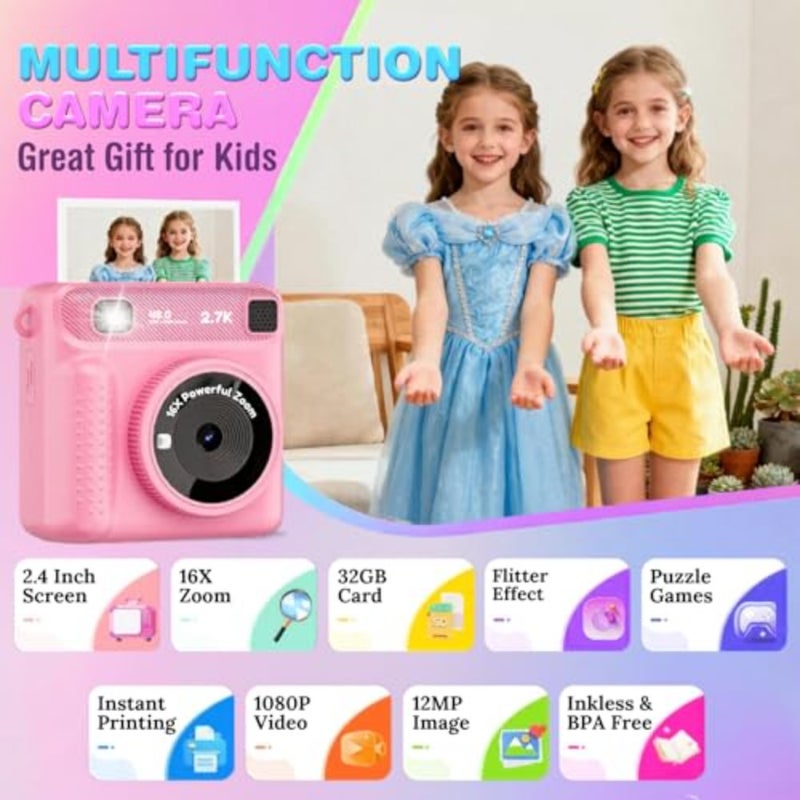 Instant Print Camera for,Camera for Girls and Boys, Digital Camera Toy for Toddlers 1080P HD Selfie with 4 Color Photos, Sticker Pack and 32GB Card, Birthday Gift for Girls - Image 2