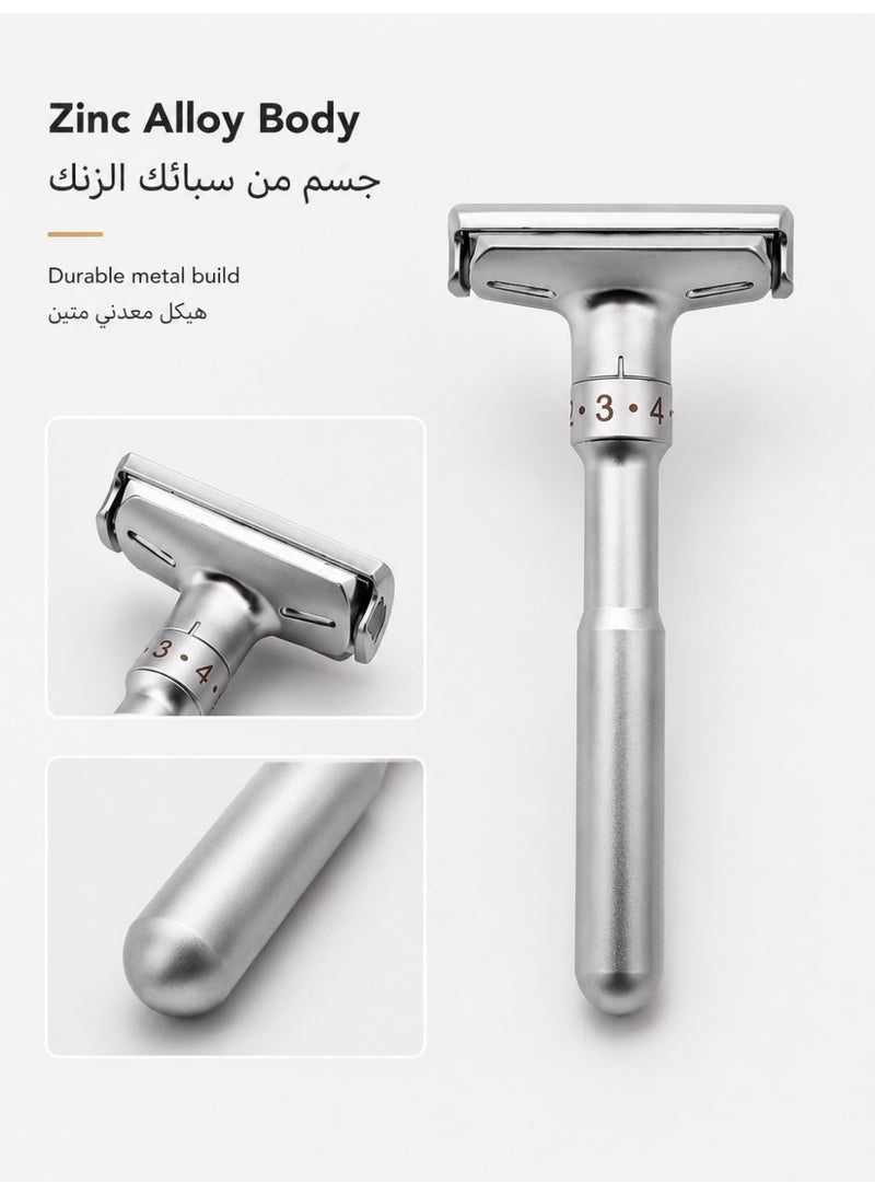 Adjustable Double Edge Safety Razor for Men, Zinc Alloy Manual Shaving Razor with 5 Replacement Blades and Protective Leather Travel Case, Silver - Image 2