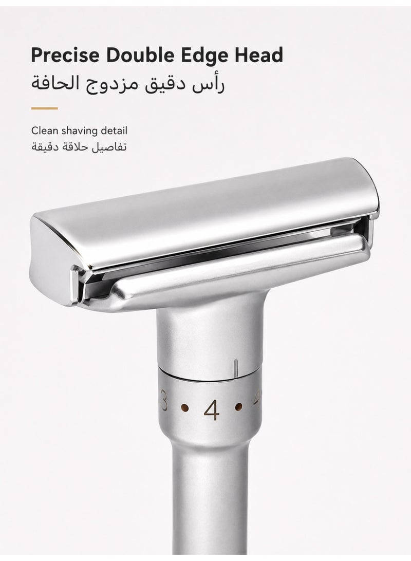 Adjustable Double Edge Safety Razor for Men, Zinc Alloy Manual Shaving Razor with 5 Replacement Blades and Protective Leather Travel Case, Silver - Image 5