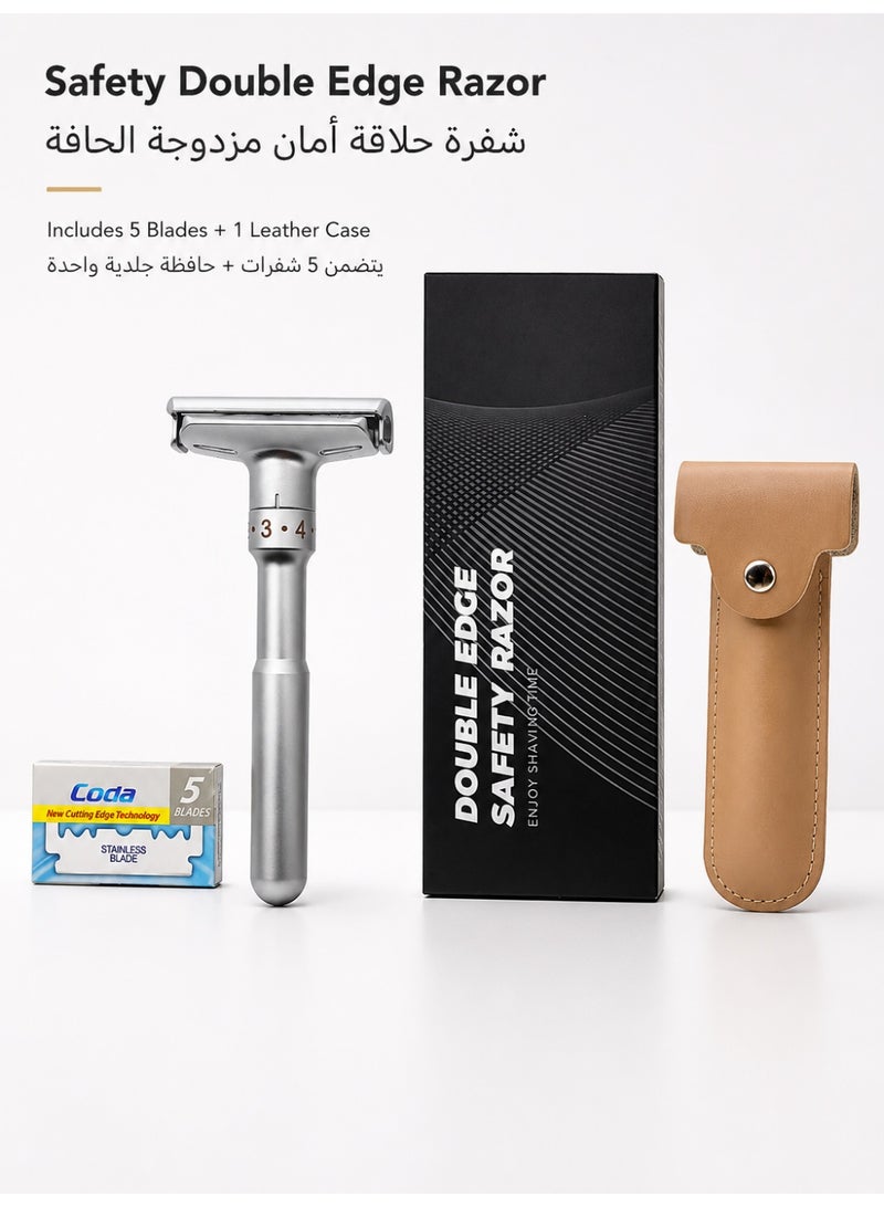 Adjustable Double Edge Safety Razor for Men, Zinc Alloy Manual Shaving Razor with 5 Replacement Blades and Protective Leather Travel Case, Silver - Image 1