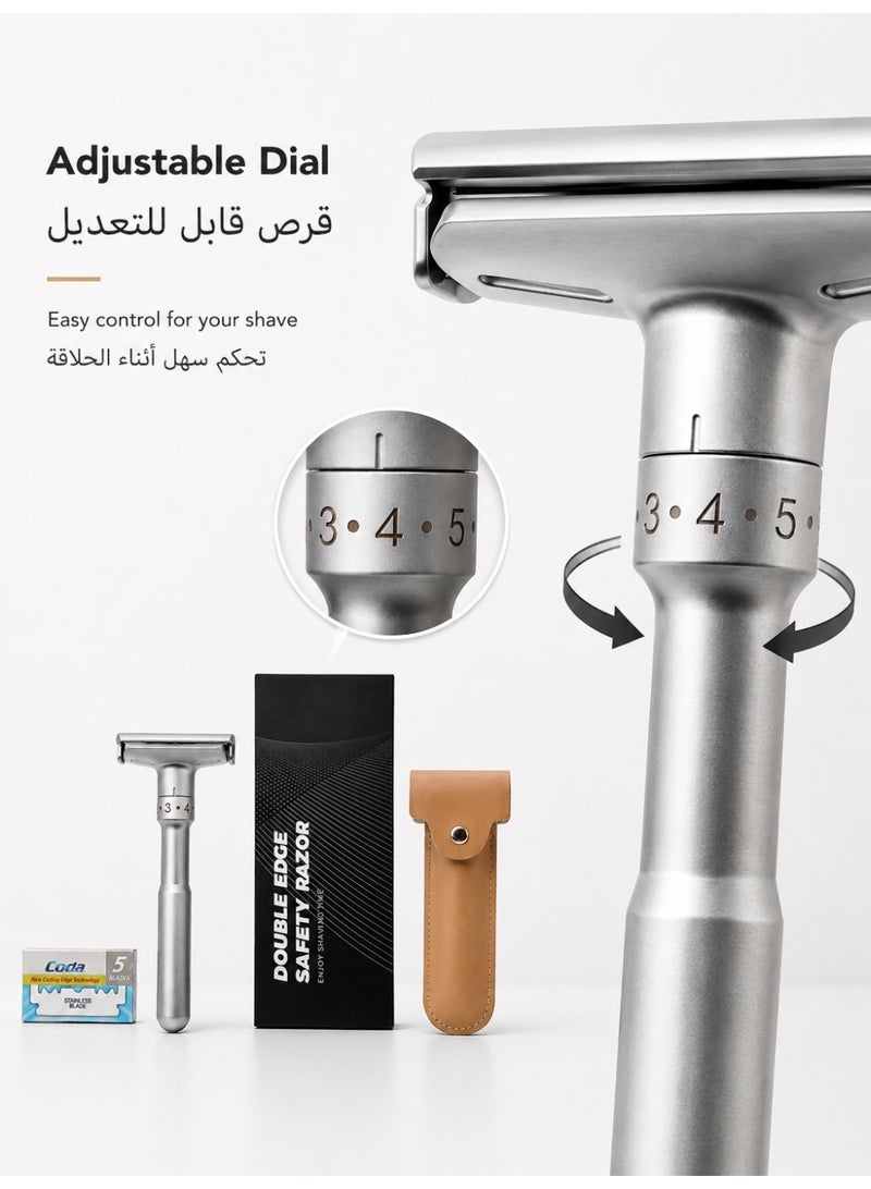 Adjustable Double Edge Safety Razor for Men, Zinc Alloy Manual Shaving Razor with 5 Replacement Blades and Protective Leather Travel Case, Silver - Image 3