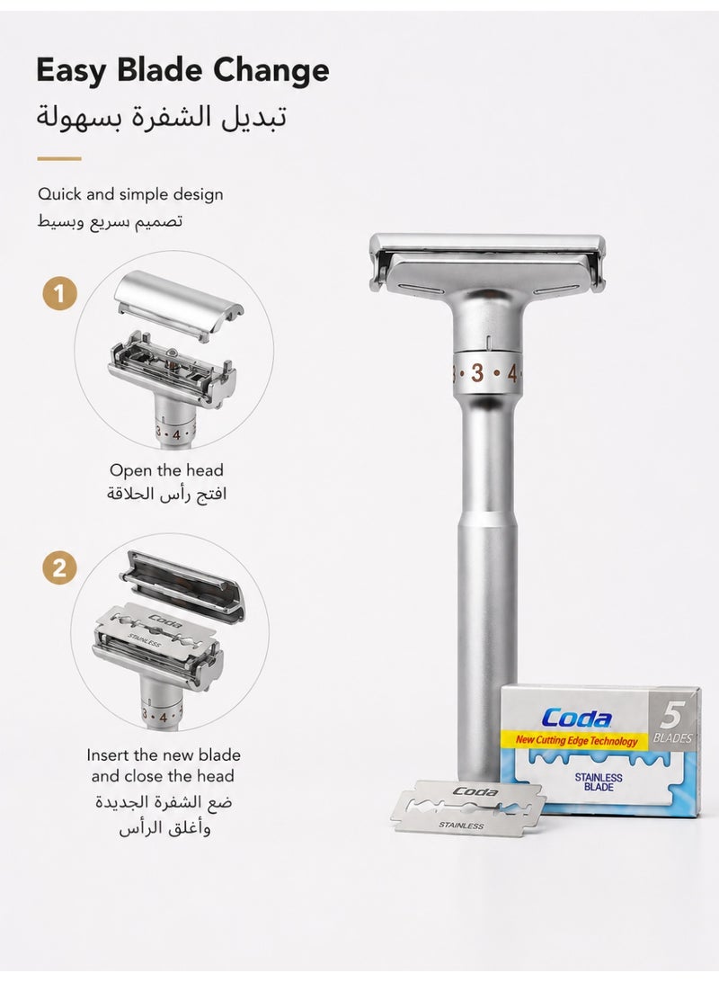 Adjustable Double Edge Safety Razor for Men, Zinc Alloy Manual Shaving Razor with 5 Replacement Blades and Protective Leather Travel Case, Silver - Image 4
