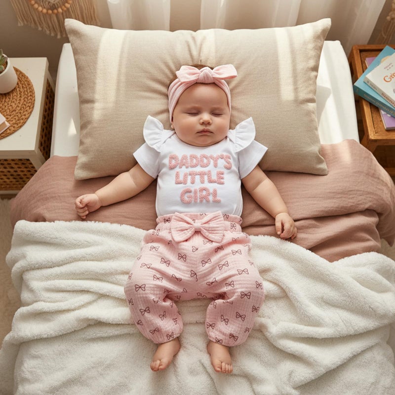 wybzd Daddys Little Girl Baby Clothes Short Sleeve Embroidery Romper Bow Pants Set Infant Newborn Daddy Girls Outfits (White, 0-3 Months) - Image 3