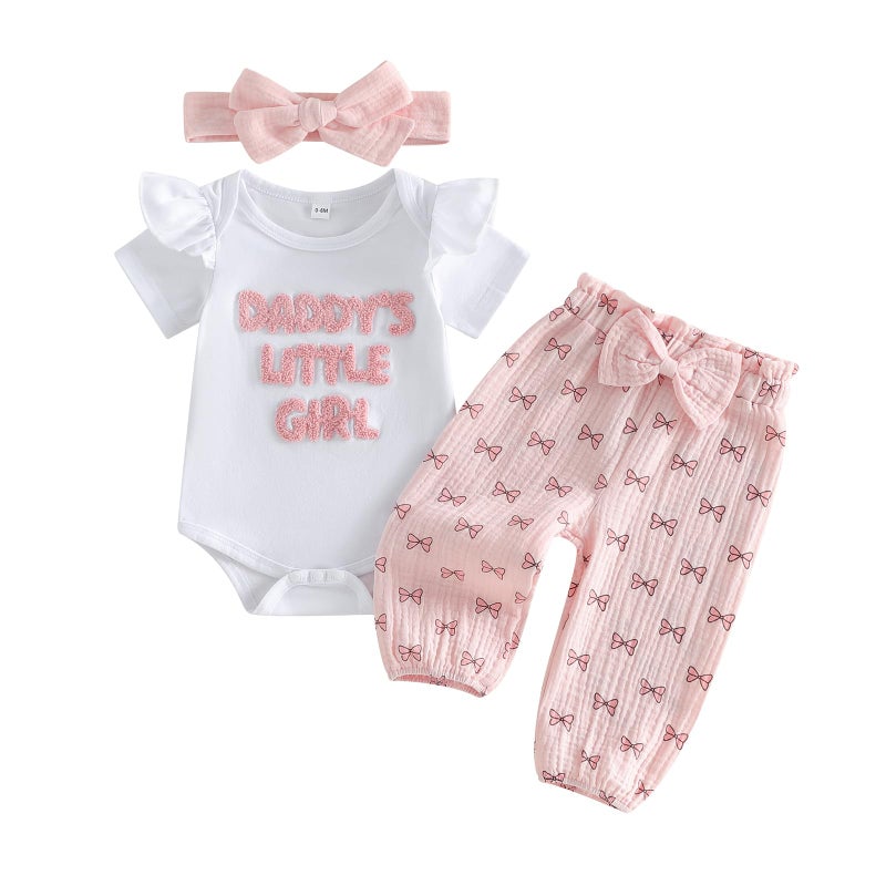 wybzd Daddys Little Girl Baby Clothes Short Sleeve Embroidery Romper Bow Pants Set Infant Newborn Daddy Girls Outfits (White, 0-3 Months) - Image 1