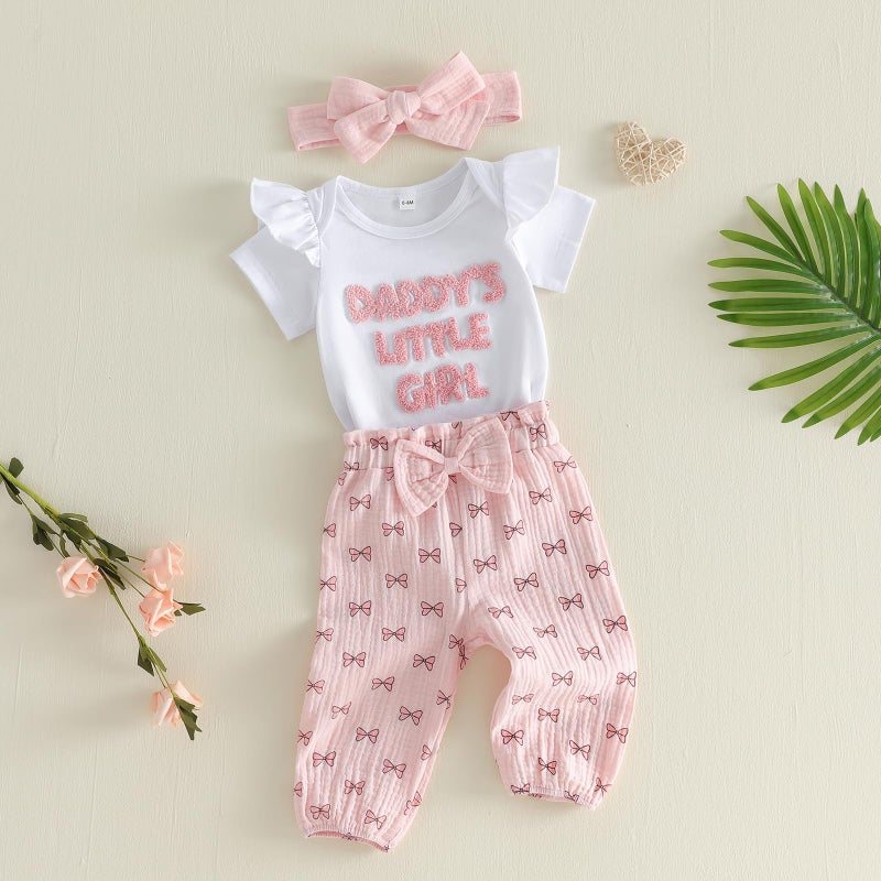 wybzd Daddys Little Girl Baby Clothes Short Sleeve Embroidery Romper Bow Pants Set Infant Newborn Daddy Girls Outfits (White, 0-3 Months) - Image 4