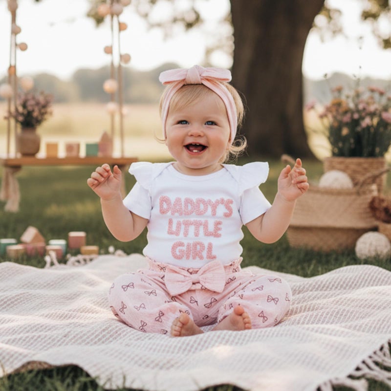 wybzd Daddys Little Girl Baby Clothes Short Sleeve Embroidery Romper Bow Pants Set Infant Newborn Daddy Girls Outfits (White, 0-3 Months) - Image 2