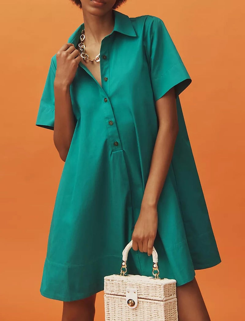Dsewpaur Women Short Sleeve Swing Tunic Mini Dress Oversized Button Down Shirt Dress Summer Casual Flowy A Line Dress Green - Image 2