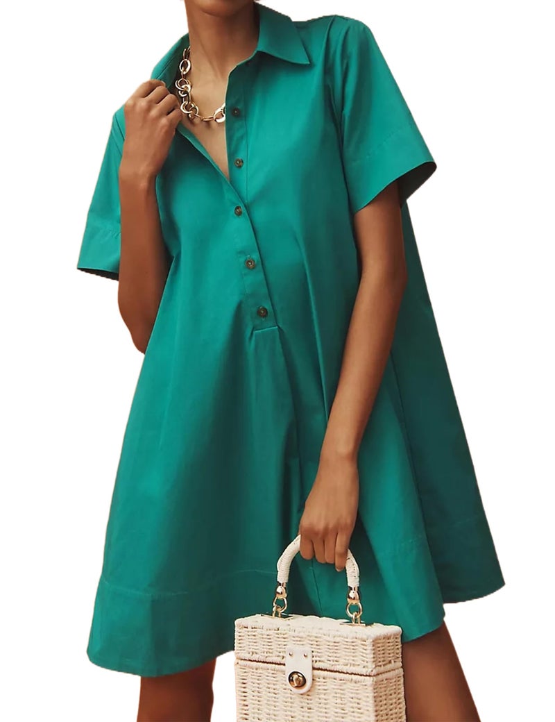Dsewpaur Women Short Sleeve Swing Tunic Mini Dress Oversized Button Down Shirt Dress Summer Casual Flowy A Line Dress Green - Image 1