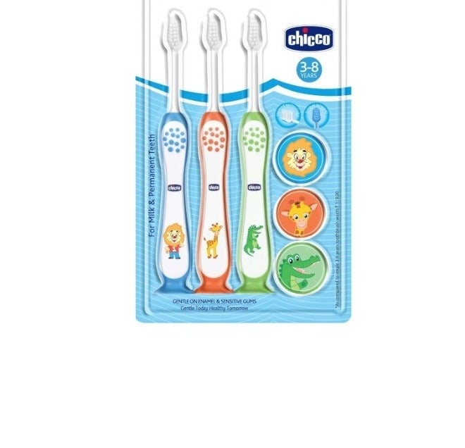 Chicco Toothbrush 3Y-8Y 3 Pack- Blue, Orange & Green - Image 2