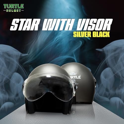 Turtle Helmet Star with Visor Half Face with Scratch Resistive Clear Visor & Hard Shell ABS Plastic Helmet, Grey, Large Size, (L-60 cm) - Image 2